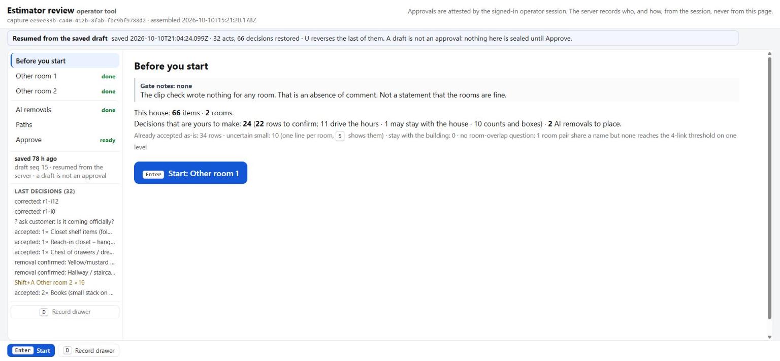 The estimator's screen in CNS's internal review tool, before a review starts: a summary of the rooms filmed and of the decisions left to the estimator.